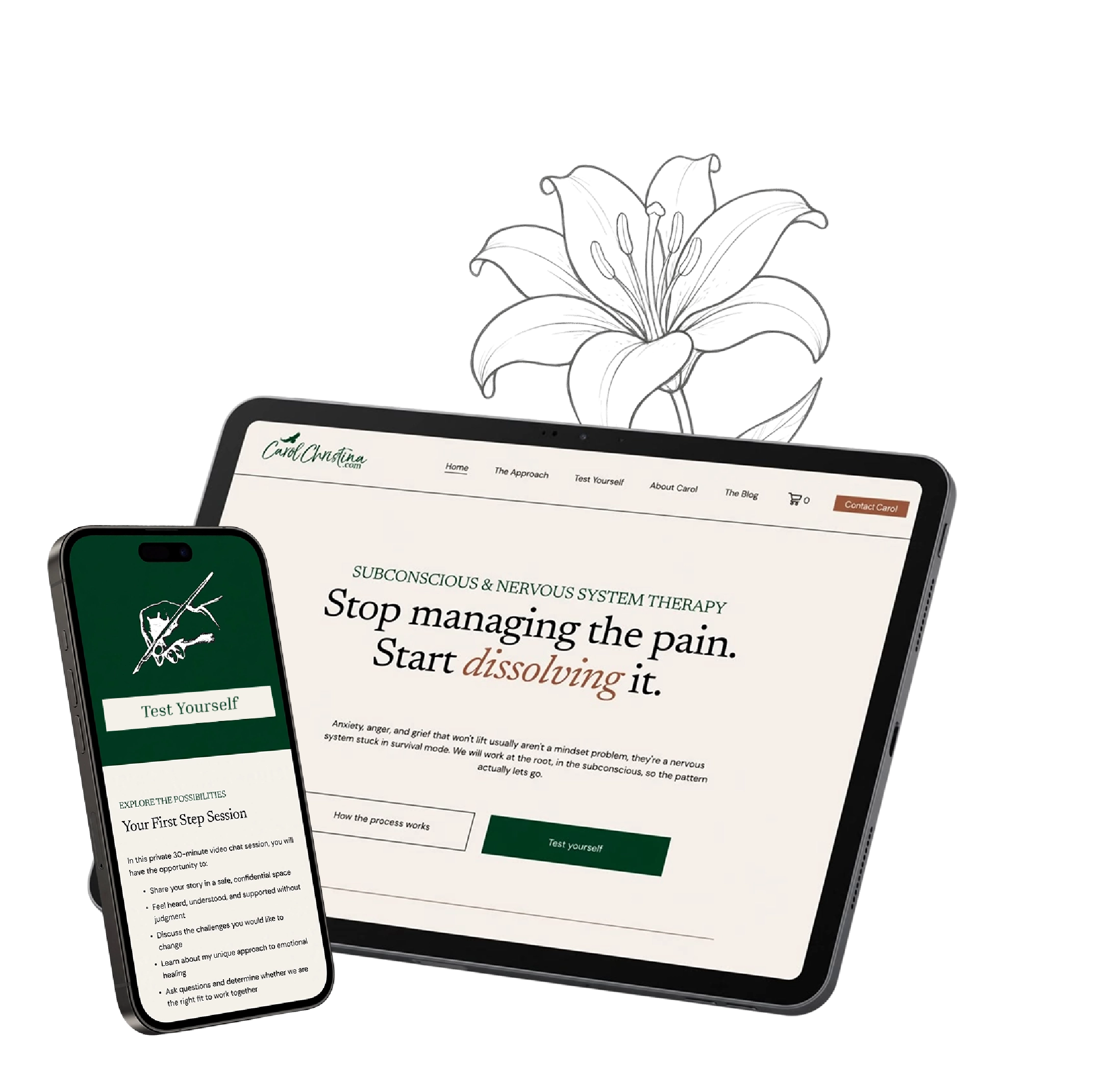 Carol Christina’s redesigned website shown on a tablet and mobile phone