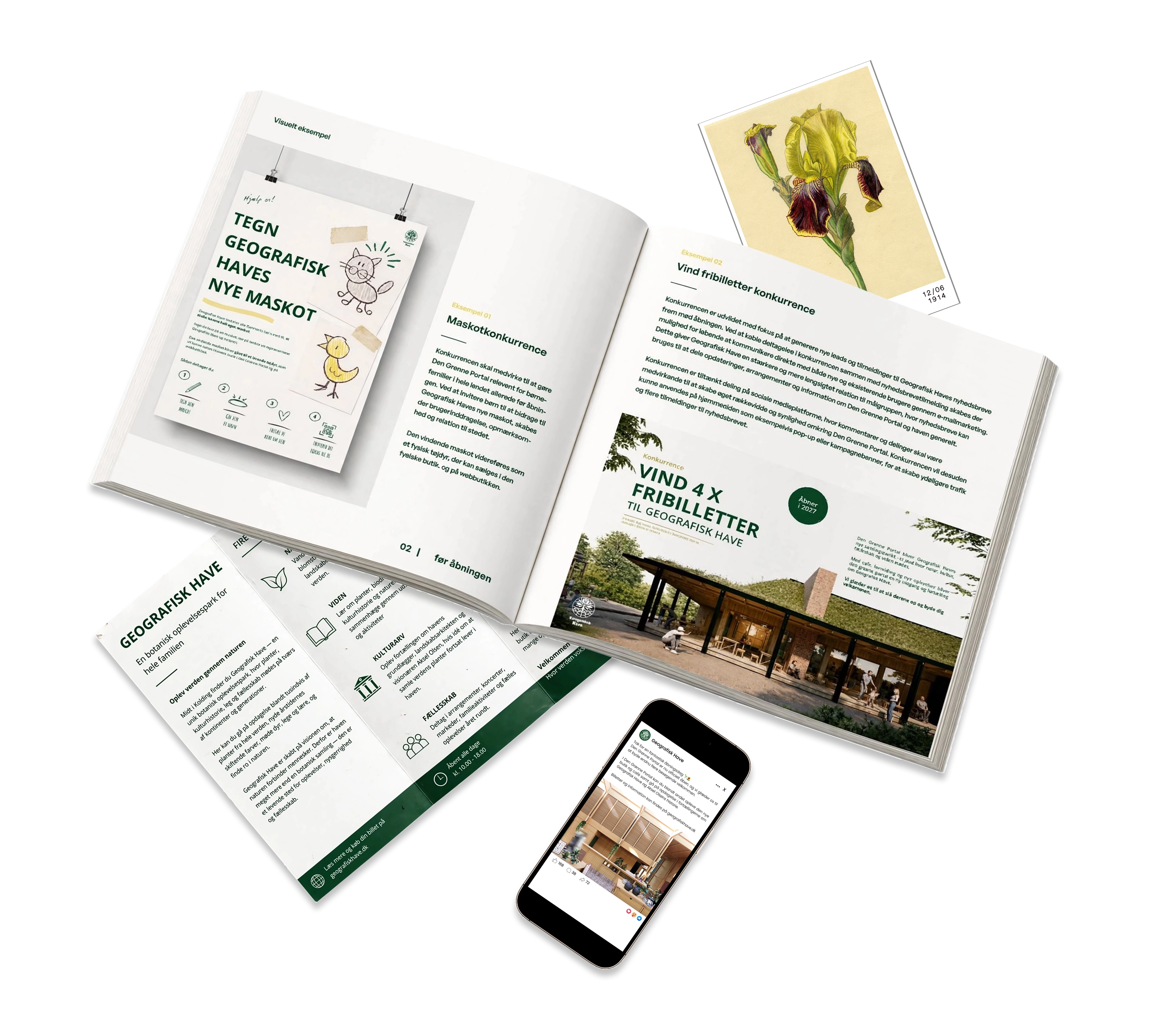 Geografisk Have campaign materials displayed across printed brochures, botanical cards, and a mobile phone