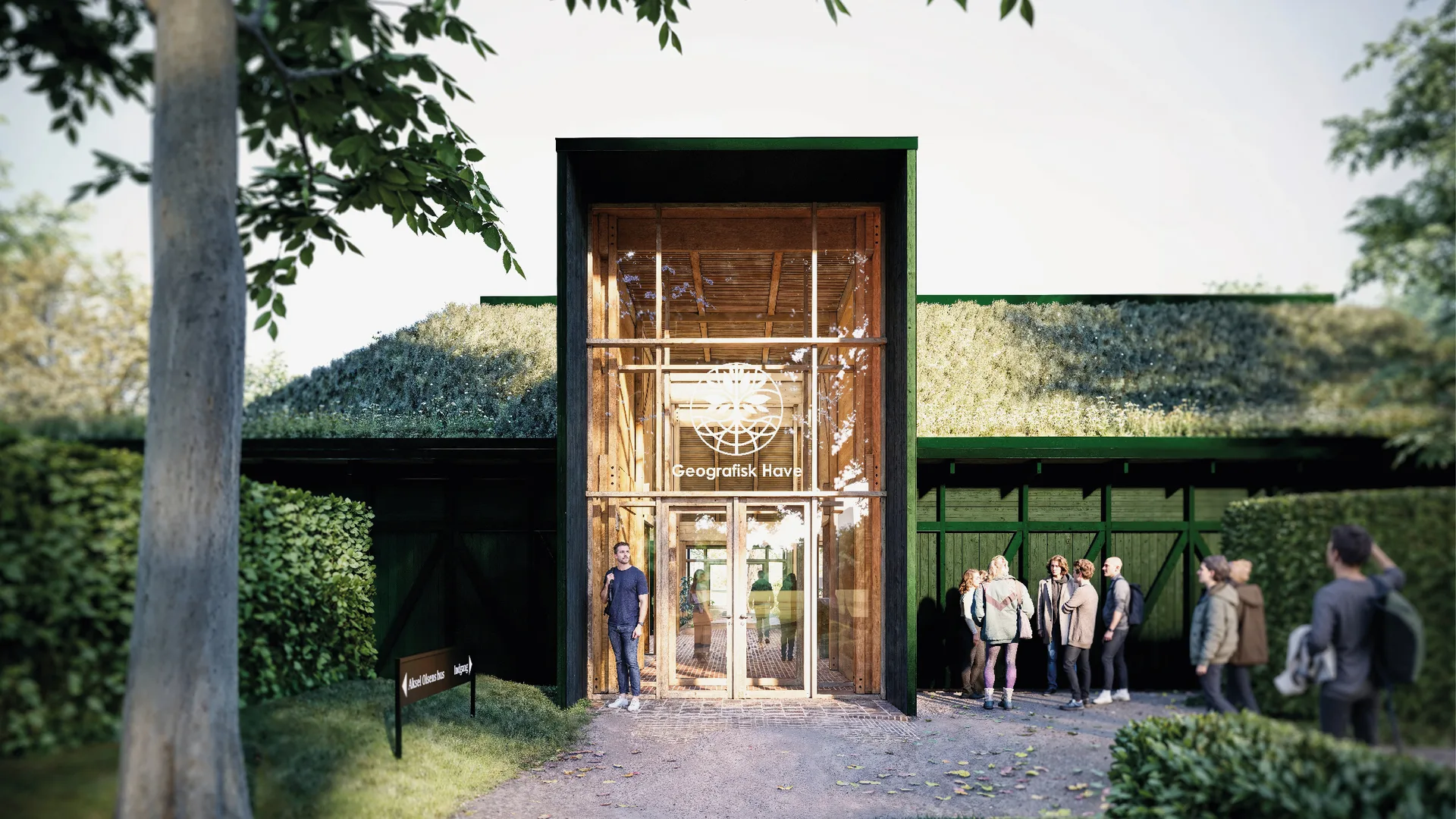 Architectural visualization of Den Grønne Portal, the new entryway building for Geografisk Have